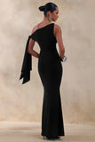 Vista Black Asymmetric Neck Maxi Dress With Knot Sleeve Detail