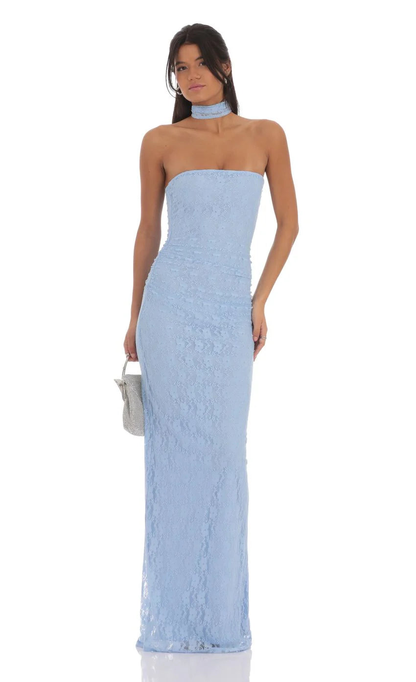 Scarf Lace Maxi Dress in Sky Blue