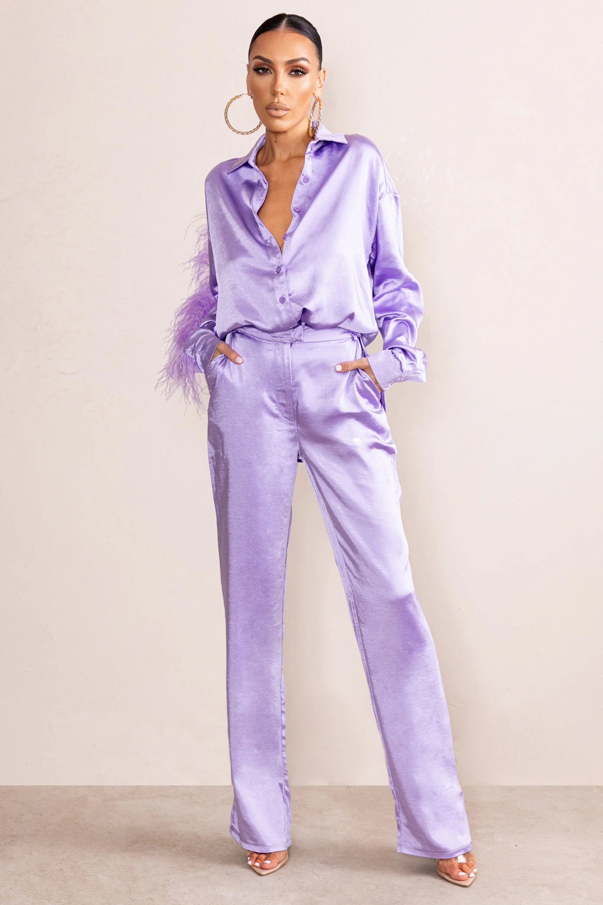 Evening Memories Lilac Satin Wide Leg Trousers