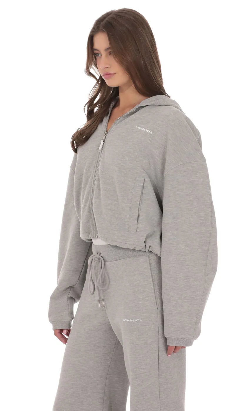 Cropped Fleece Zip Up Hoodie in Grey