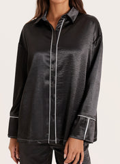 Black Satin Contrast Piping Shirt
