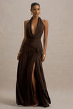 Mist Brown Plunge Neck Maxi Dress With Knot Detail And Open Back
