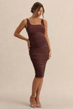 Lisbon Brown Maternity Square Neck Ruched Midi Dress