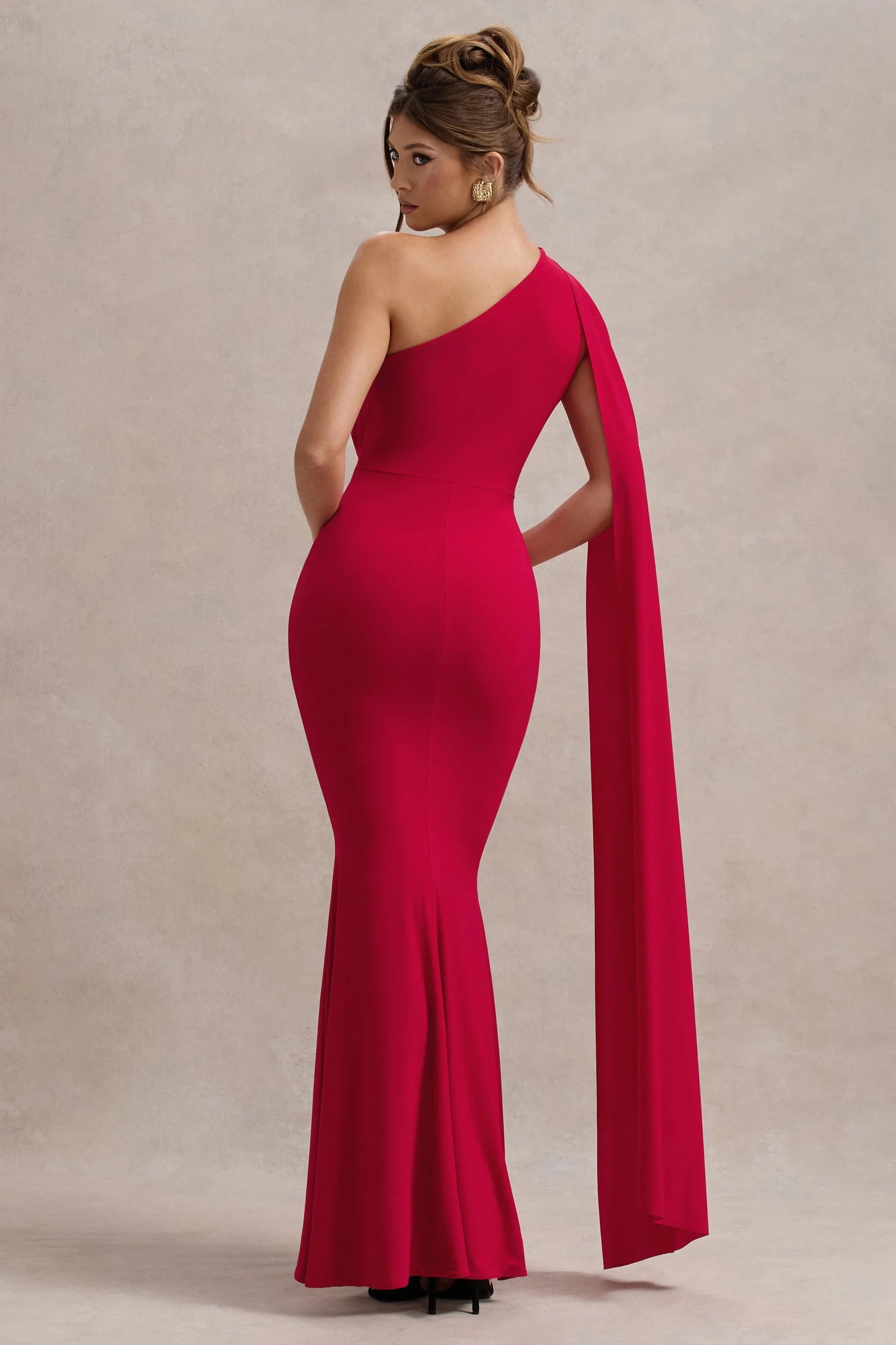 Elaina Red Asymmetric Knot Maxi Dress With Sash