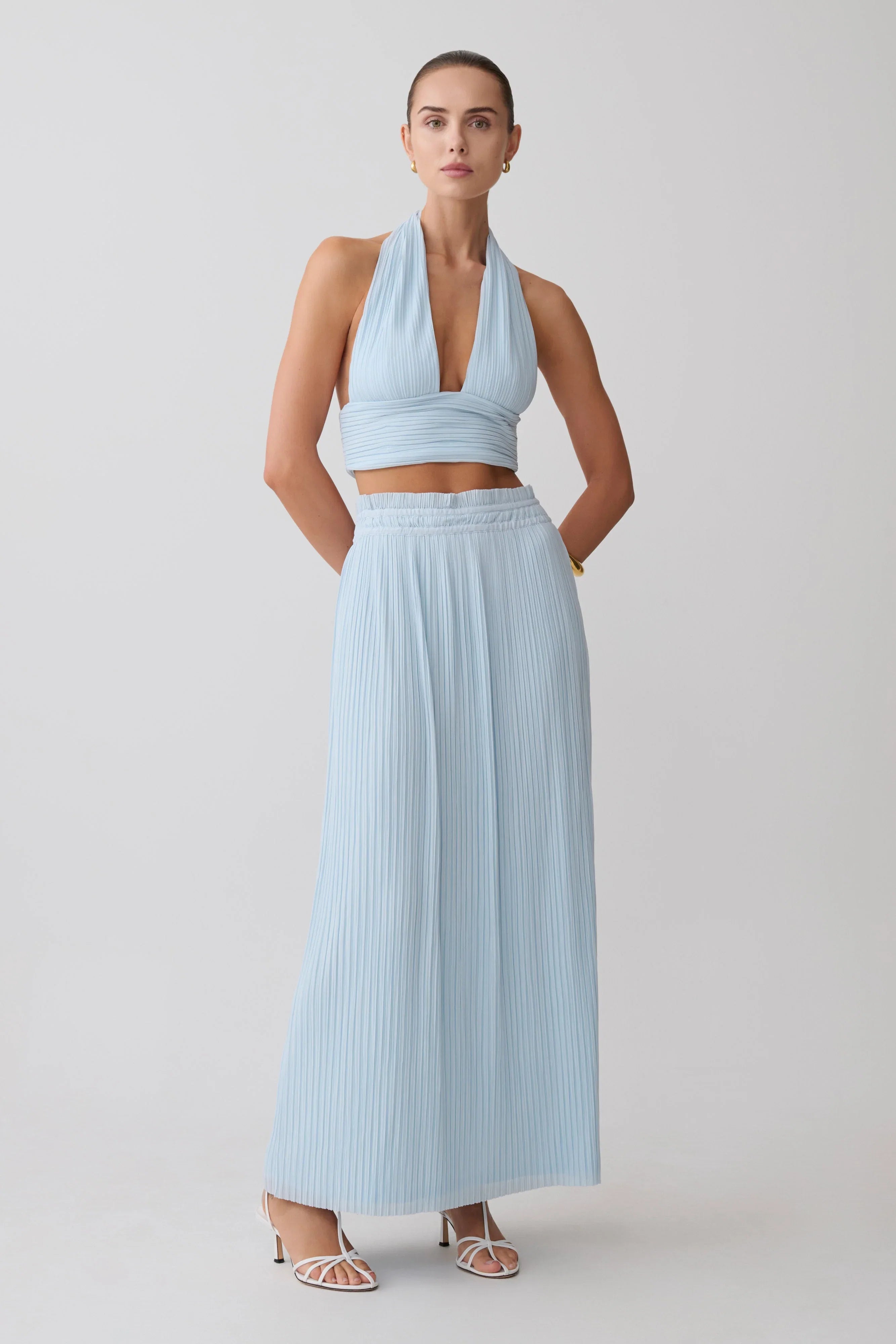 Amaris Sleeveless Plisse Halter Top Pale Blue