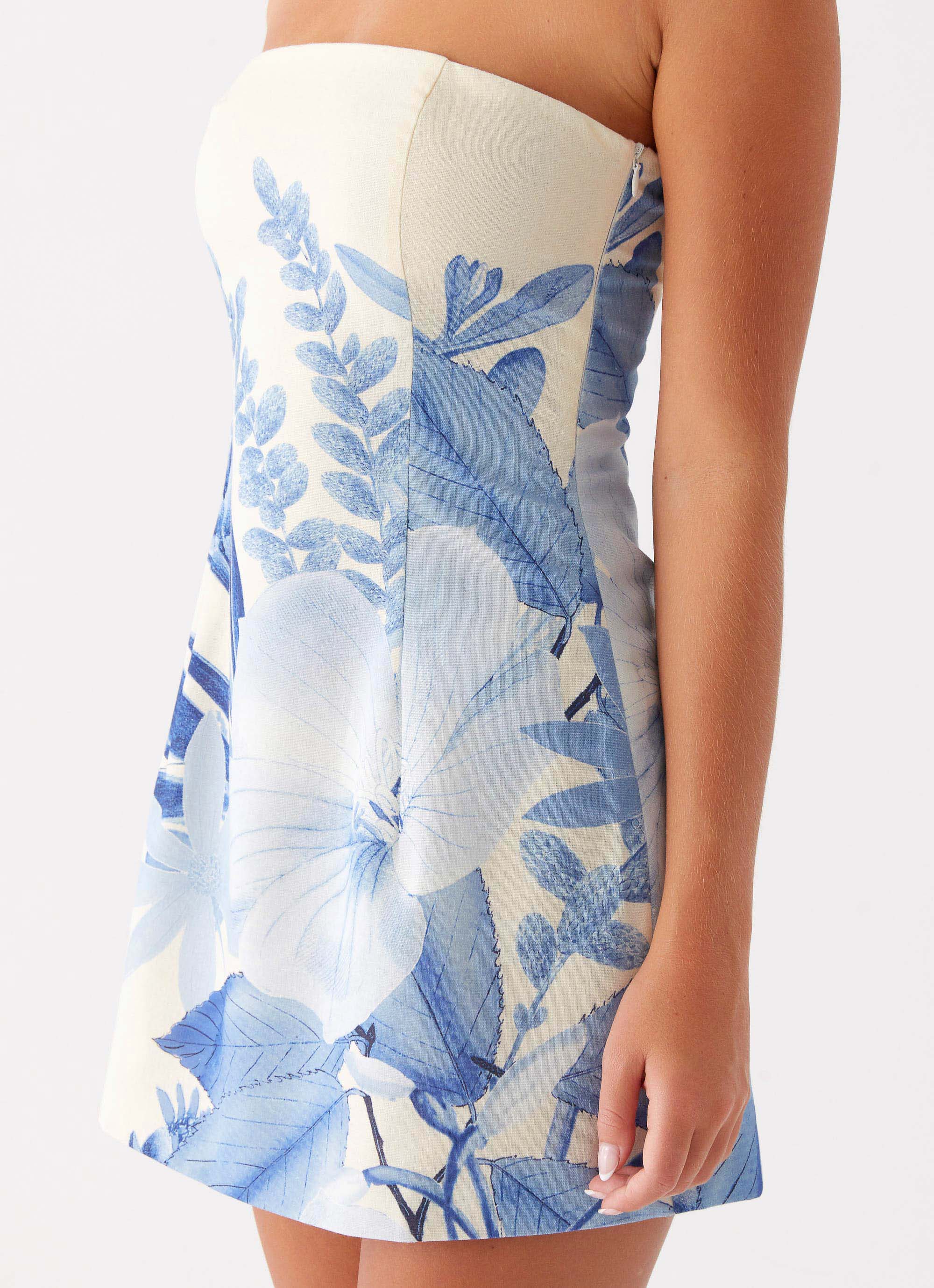 Denby Strapless Mini Dress Blue Floral Print