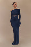 Kaitlin One Shoulder Slinky And Mesh Maxi Dress Midnight Blue