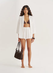White Linen Blend Tie Waist Short