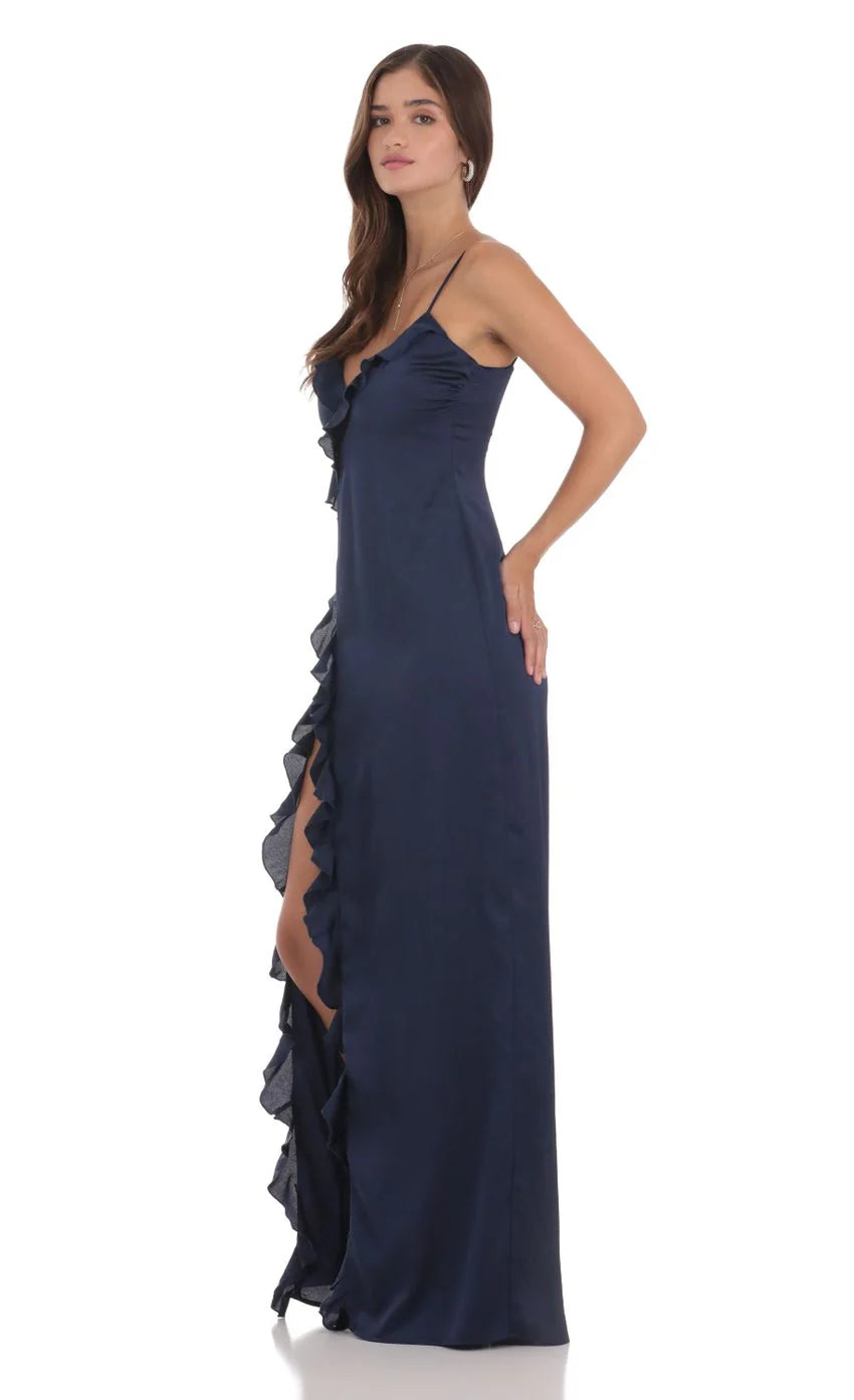 Ruffle V Neck Maxi Dress in Navy