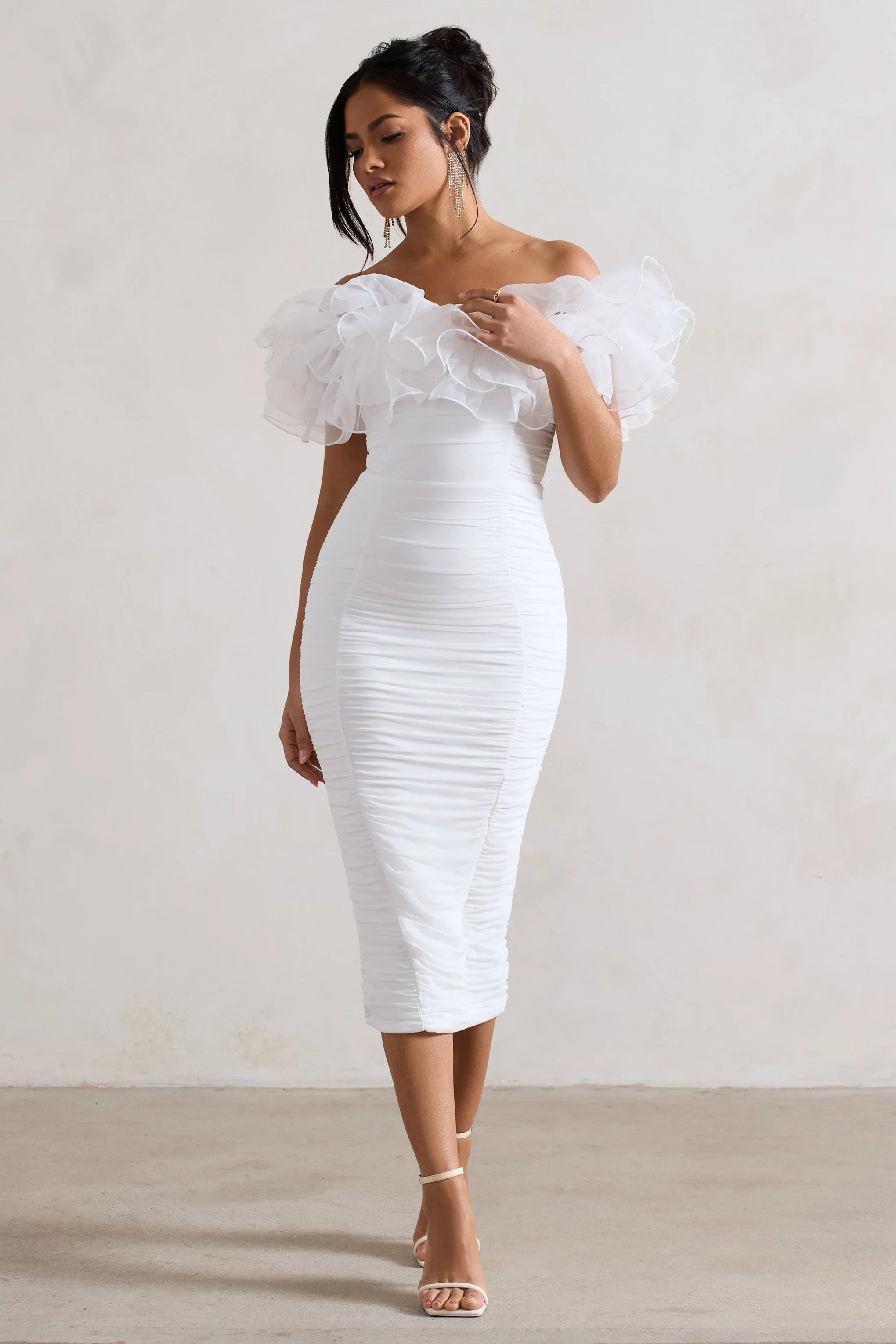 Ladylike White Ruched Bardot Midi Dress With Organza Trim