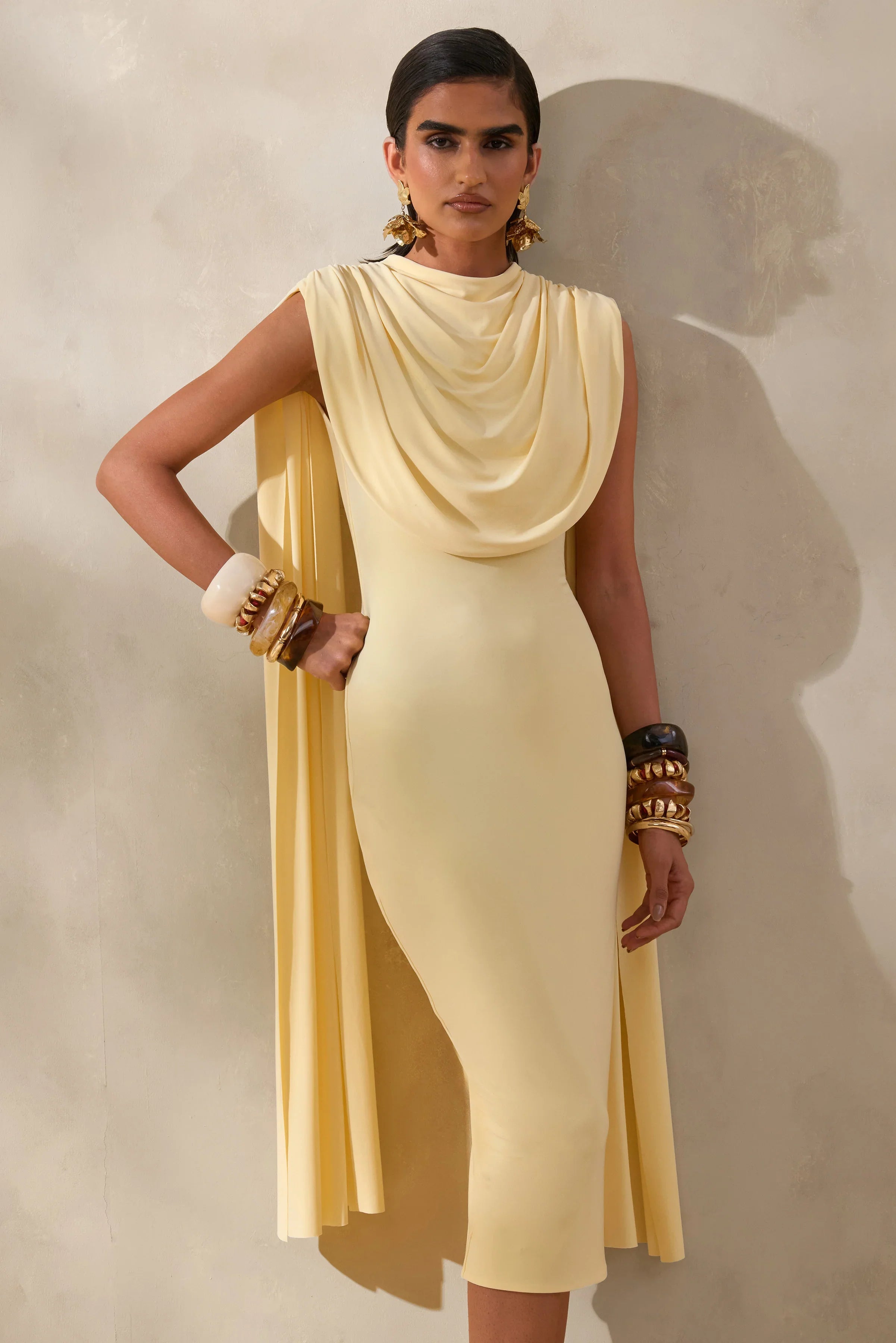 Lysandria Lemon High Neck Midi Dress With Draped Detailing