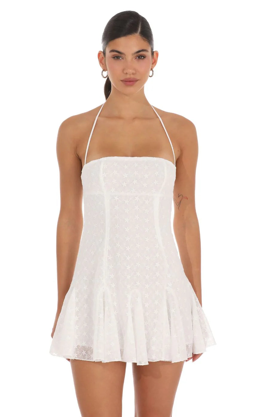Embroidered Floral Flared Mini Dress in White