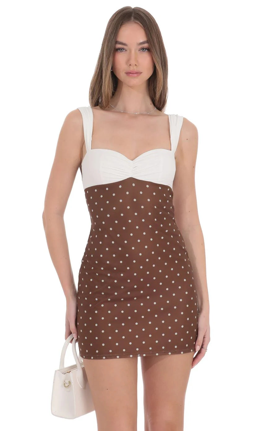 Two Tone Polka Dot Mesh Bodycon Dress in Brown