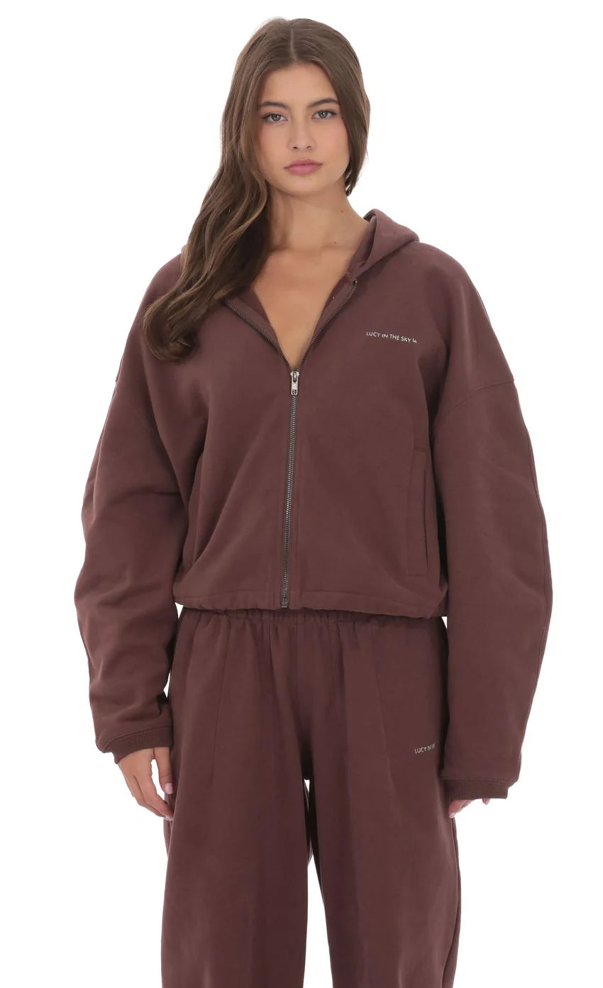 Cropped Fleece Zip Up Hoodie in Brown