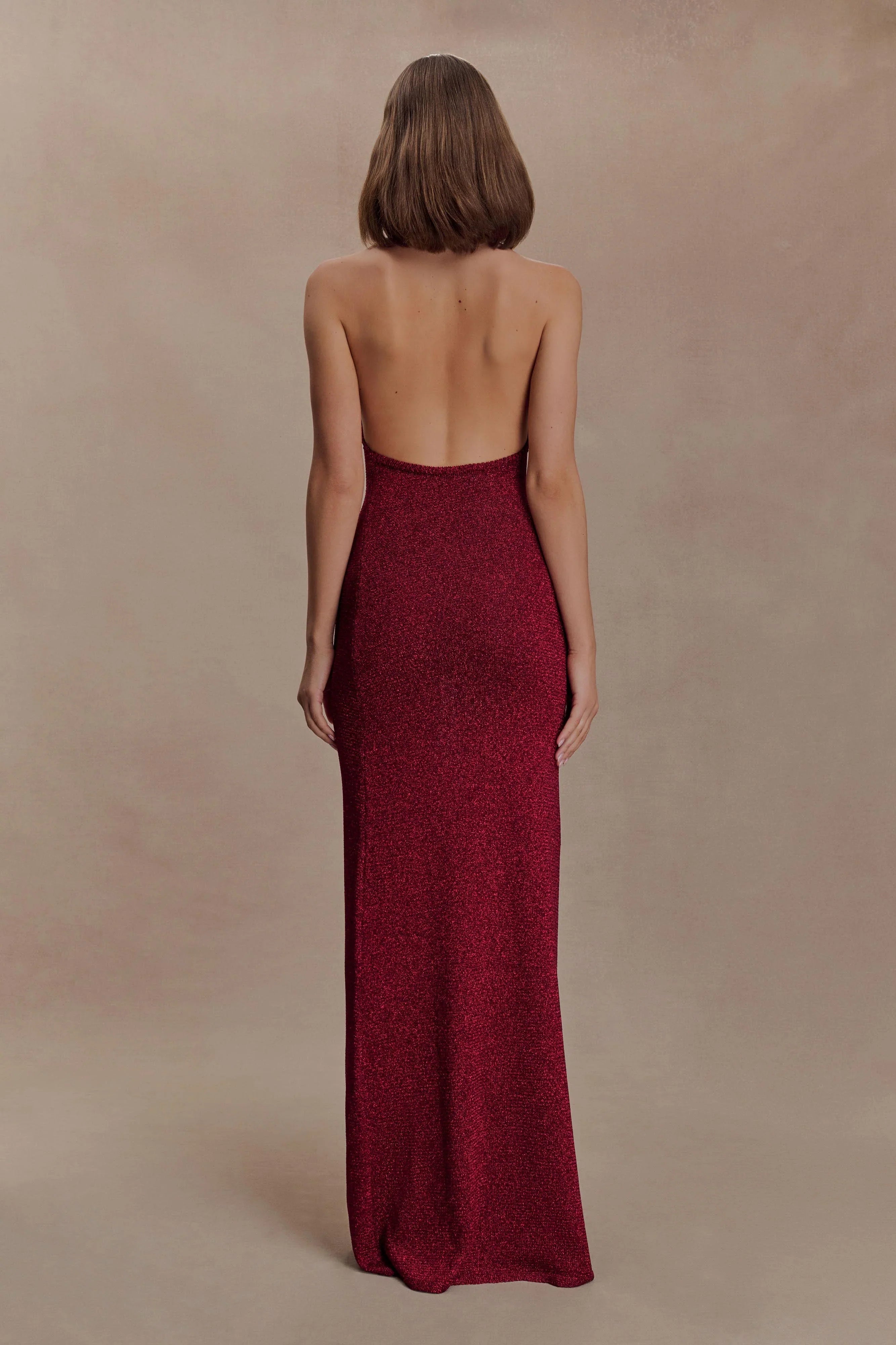 Elma Lurex Knit Halter Maxi Dress Deep Red