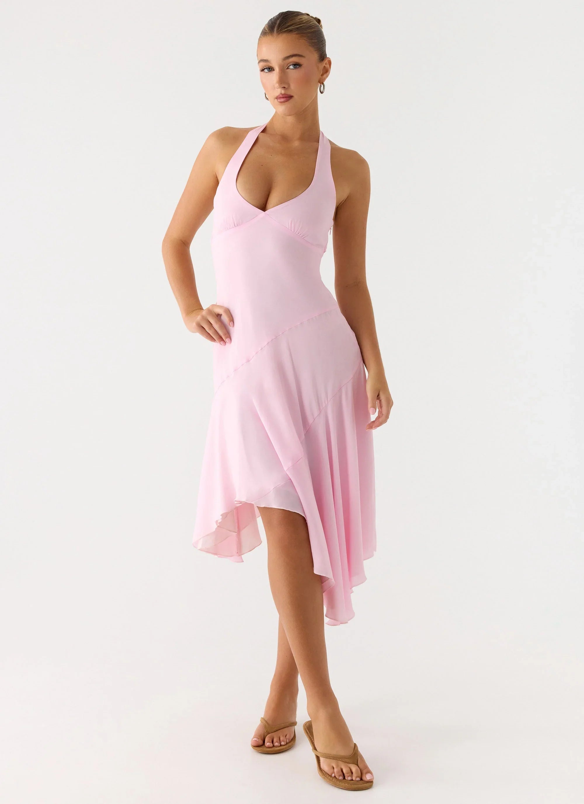 Faelie Halter Neck Asymmetrical Midi Dress Pink