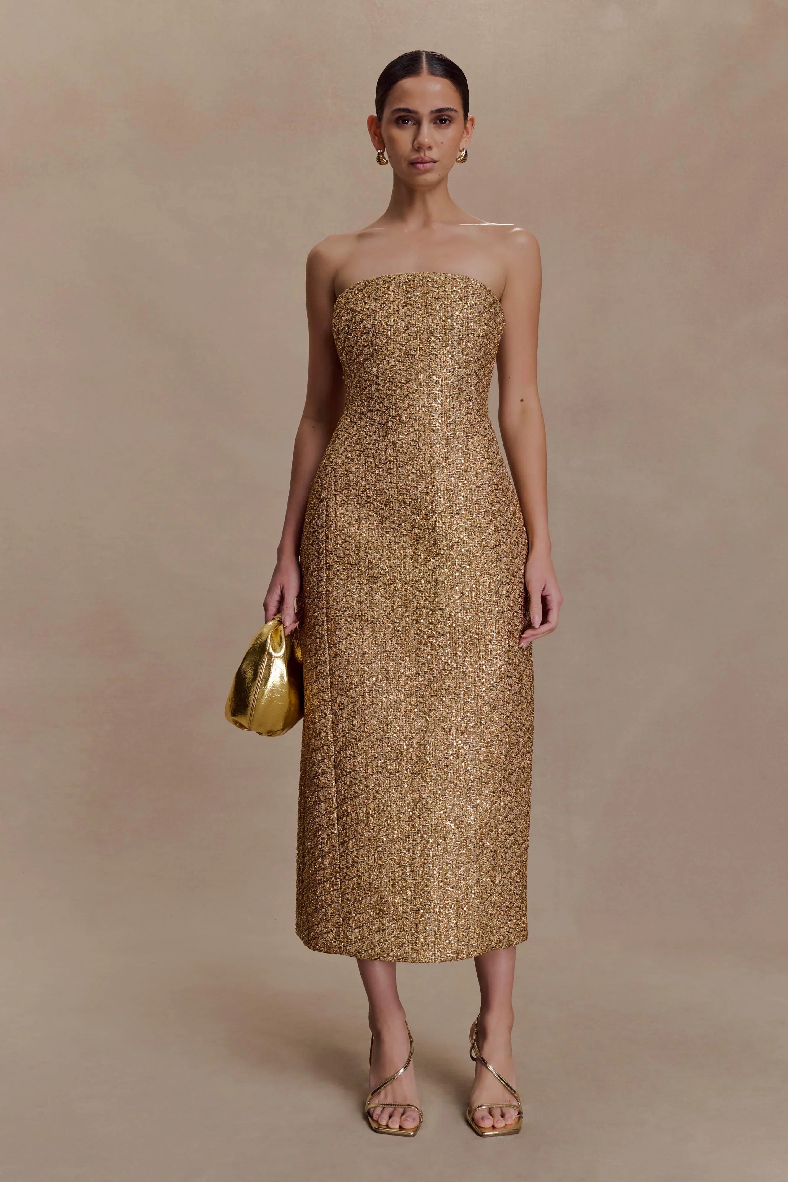 Gala Strapless Tweed Midi Dress Gold