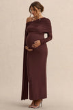 Cyra Brown Asymmetric Neck Maternity Maxi Dress With Sash