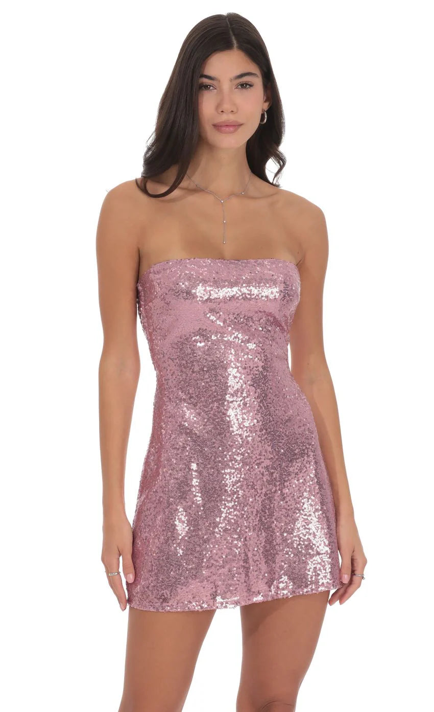 Sequin Strapless Dress in Pink Rose