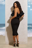 When In Rome Black Asymmetric Ruffle Midi Dress