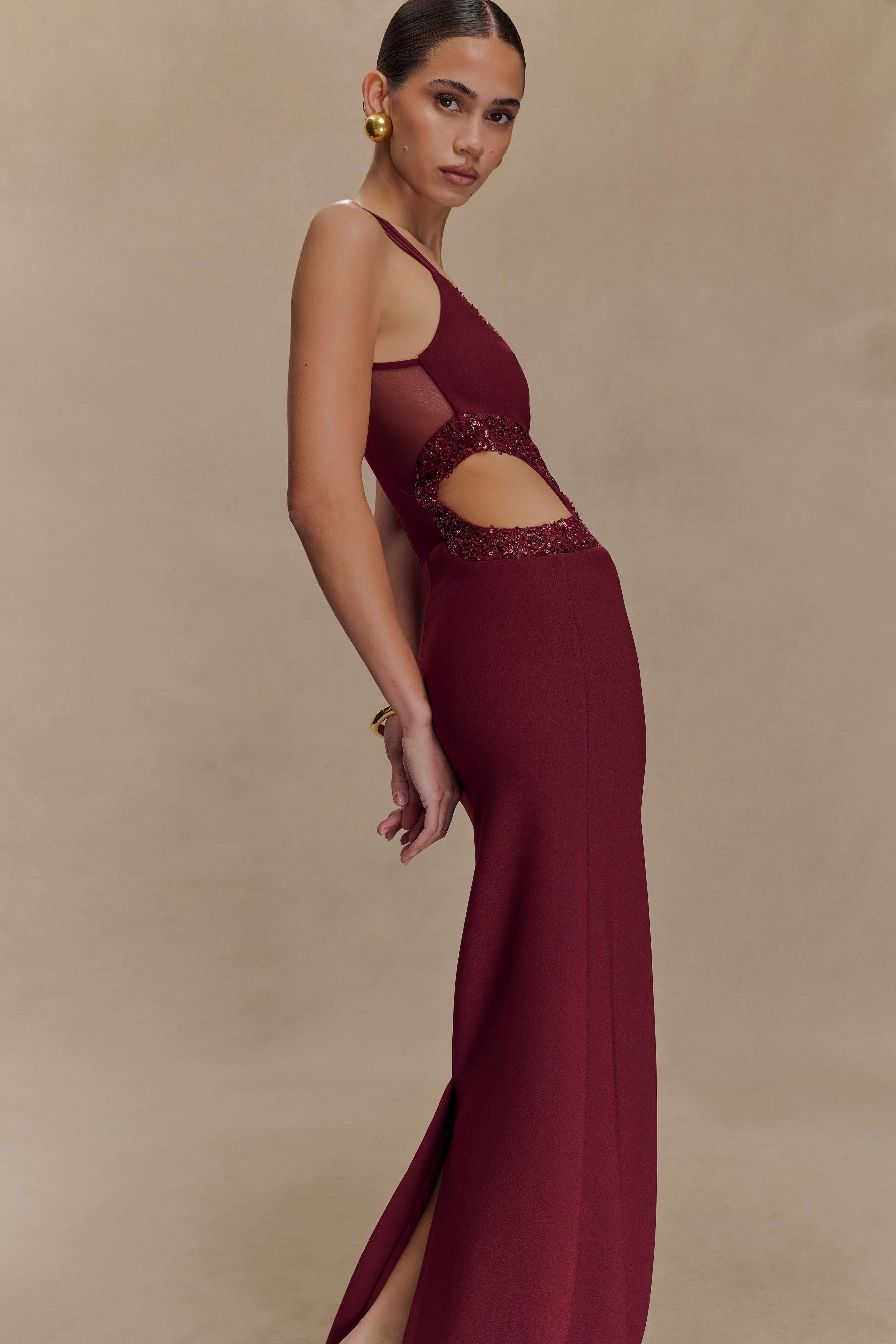 Angelique Beaded Crepe Maxi Dress Wine