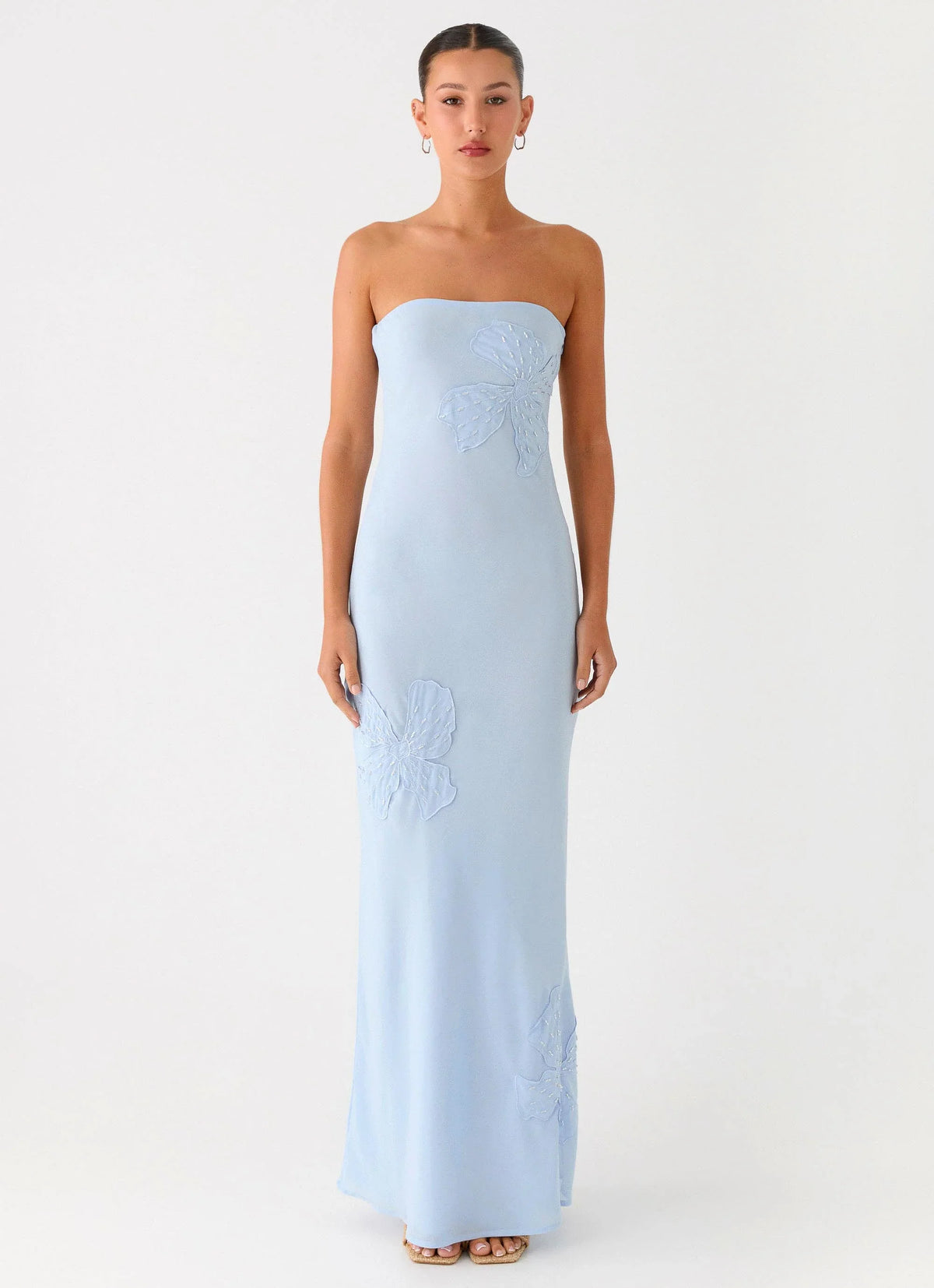 Sassafras Beaded Flower Strapless Maxi Dress Blue