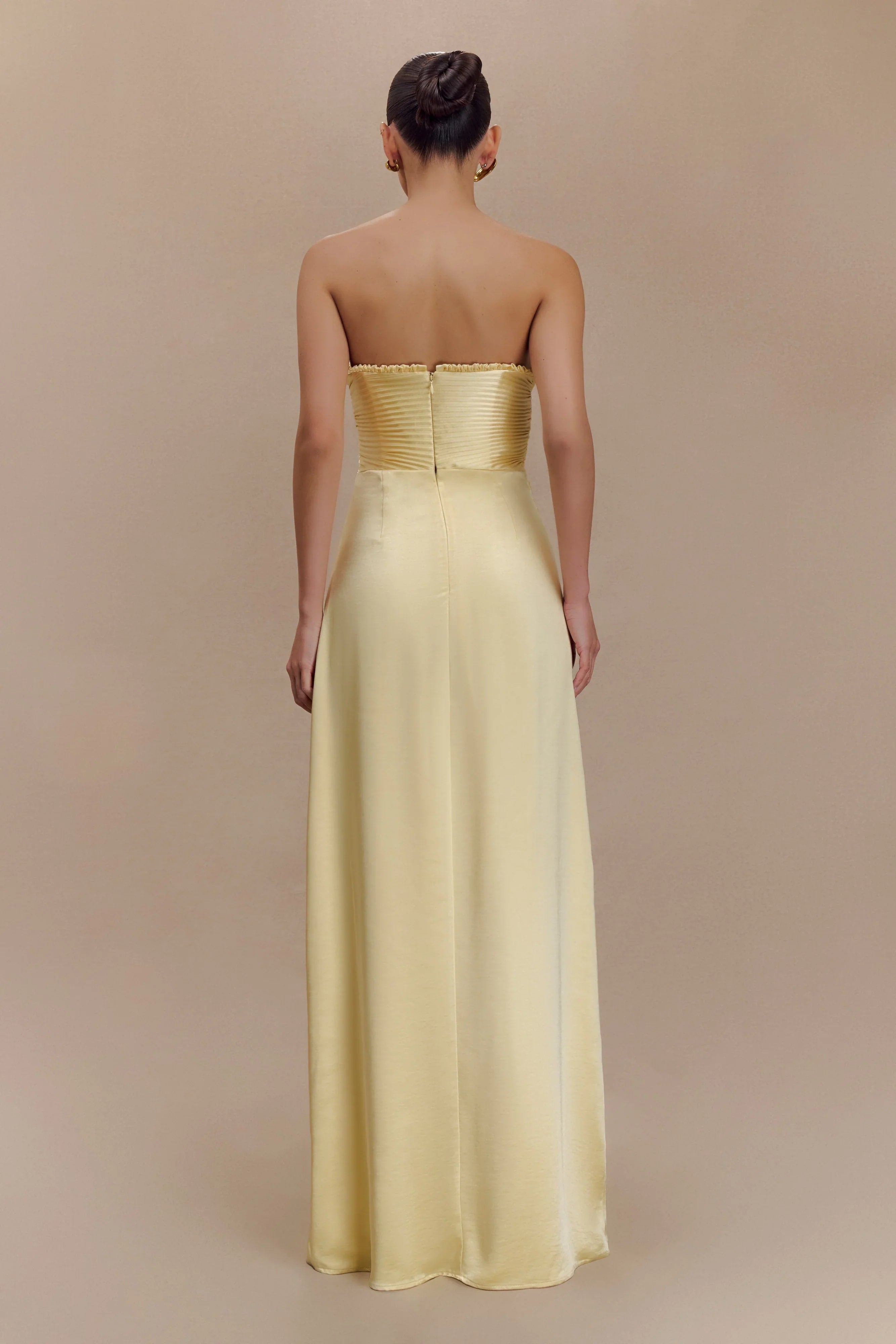 Larissa Satin Maxi Dress With Ruched Petals Lemon