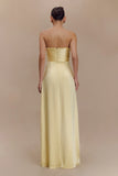 Larissa Satin Maxi Dress With Ruched Petals Lemon