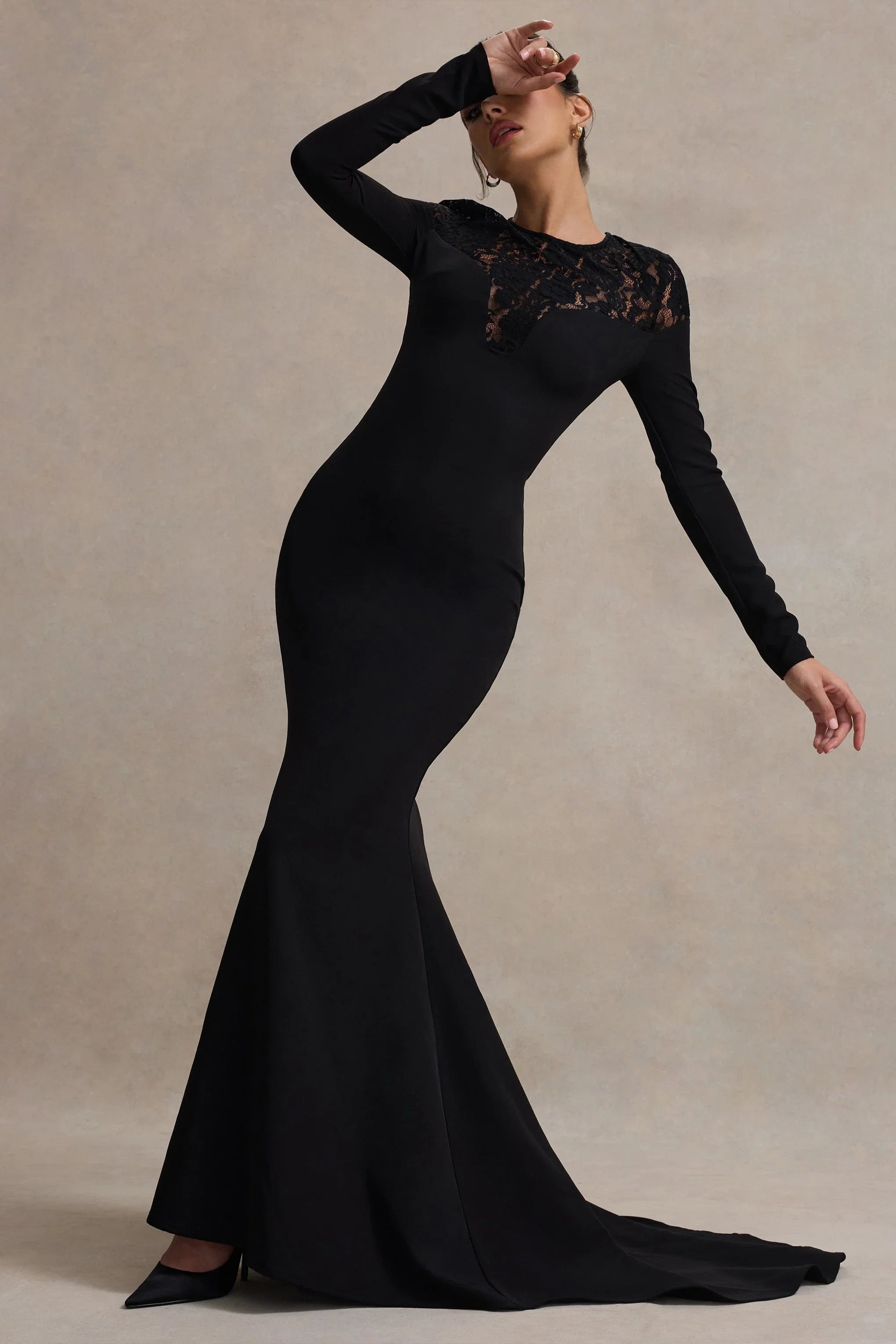 Campbell Black Long Sleeve Maxi Dress With Lace Detail