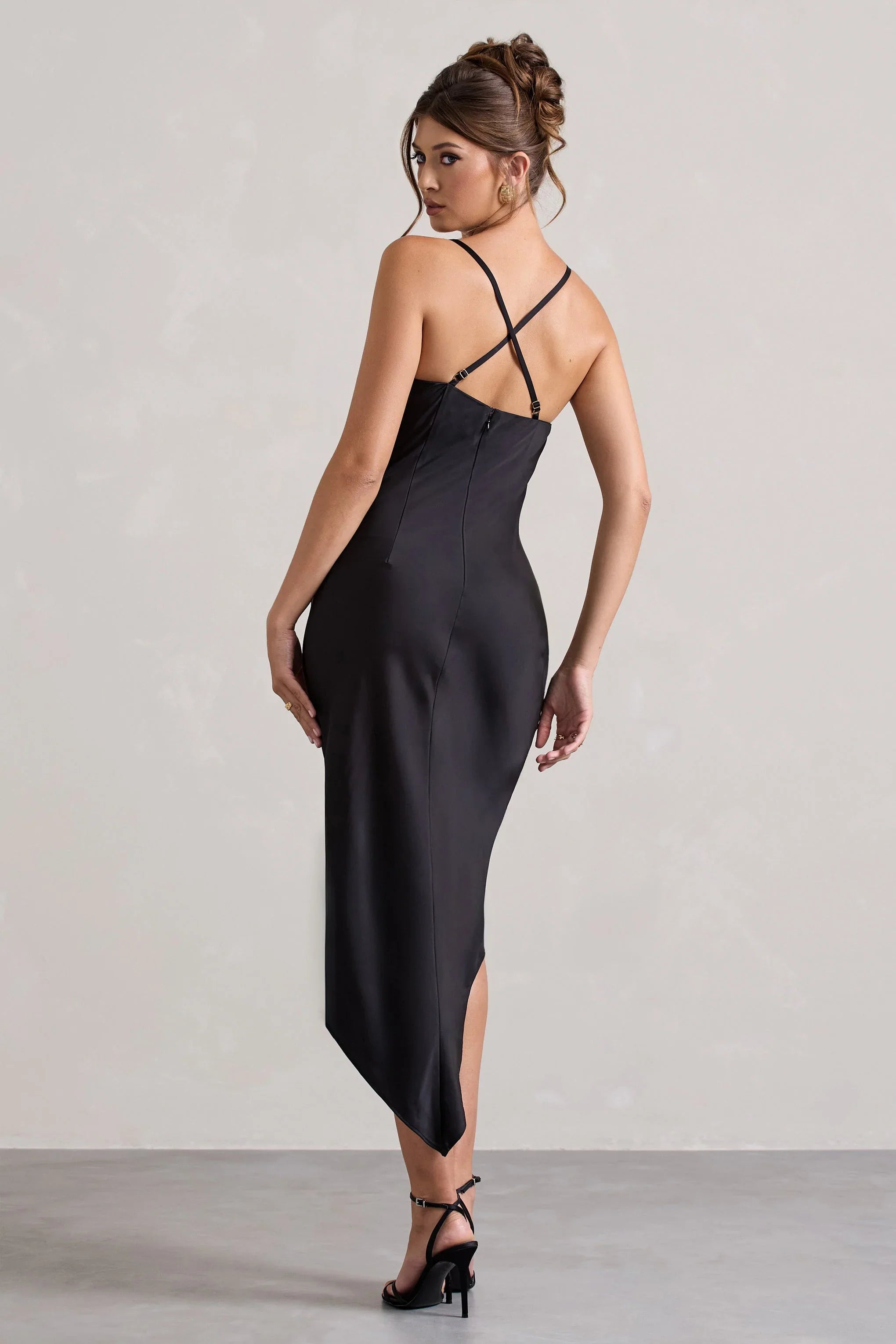 Fillie Black Satin Asymmetric Cowl Neck Midi Dress