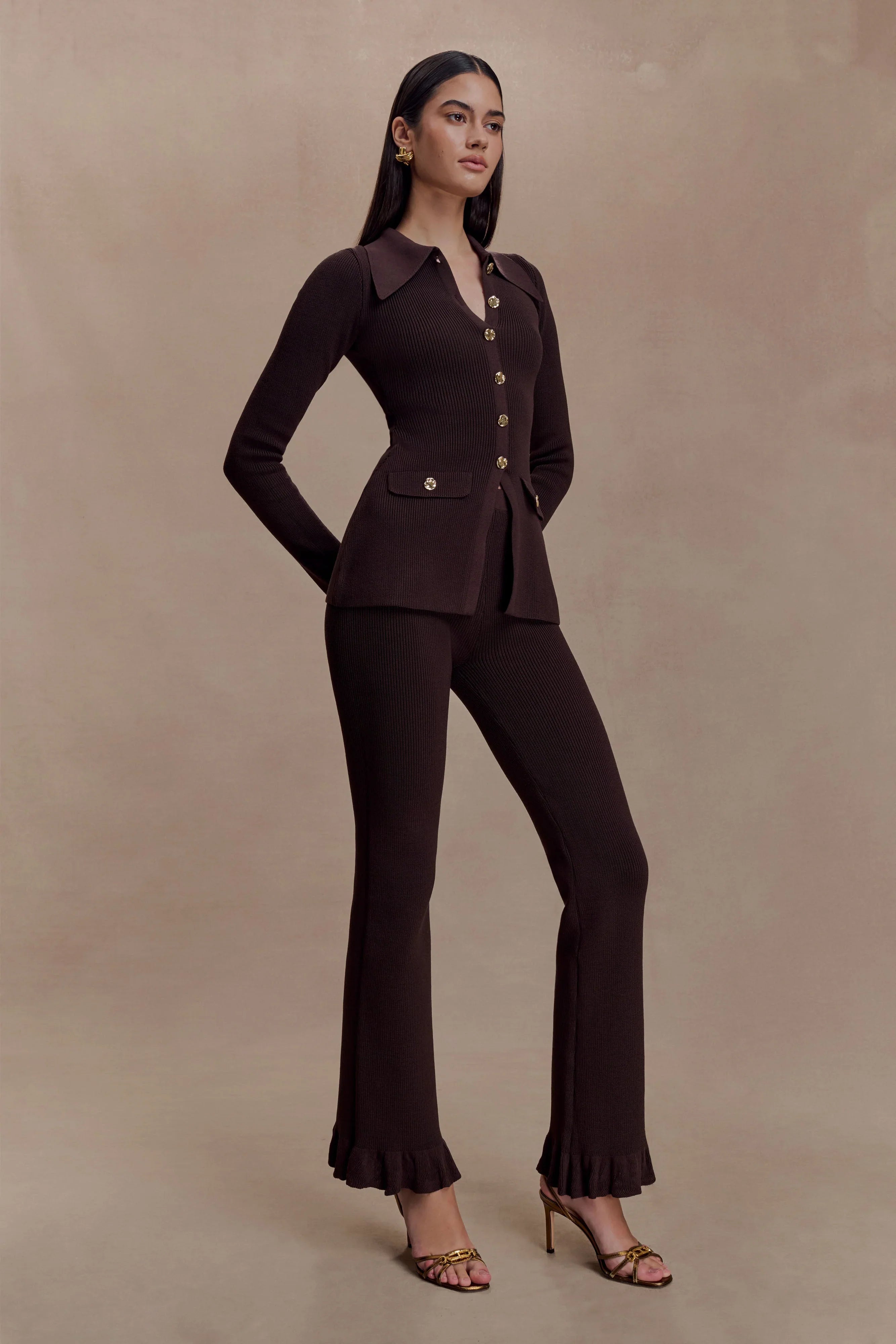 Suzie Ribbed Flared Pants Chocolate