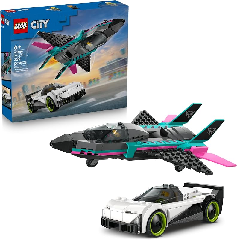 LEGO City Jet vs Car Building Toys for Kids Vehicle Sets for Boys Girls Ages 6 Gift for Birthdays Toy Car Jet W Driver Pilot Minifigures 60489