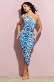 Late Night Blue Porcelain Print Asymmetric One Shoulder Ruched Midi Dress