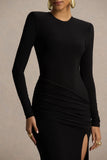 Liora Black Crew Neck Maxi Dress With Front High Split
