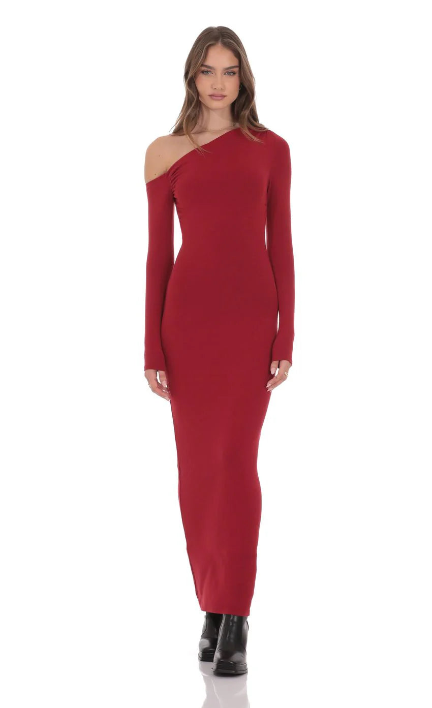 Off Shoulder Long Sleeve Maxi Dress in Red
