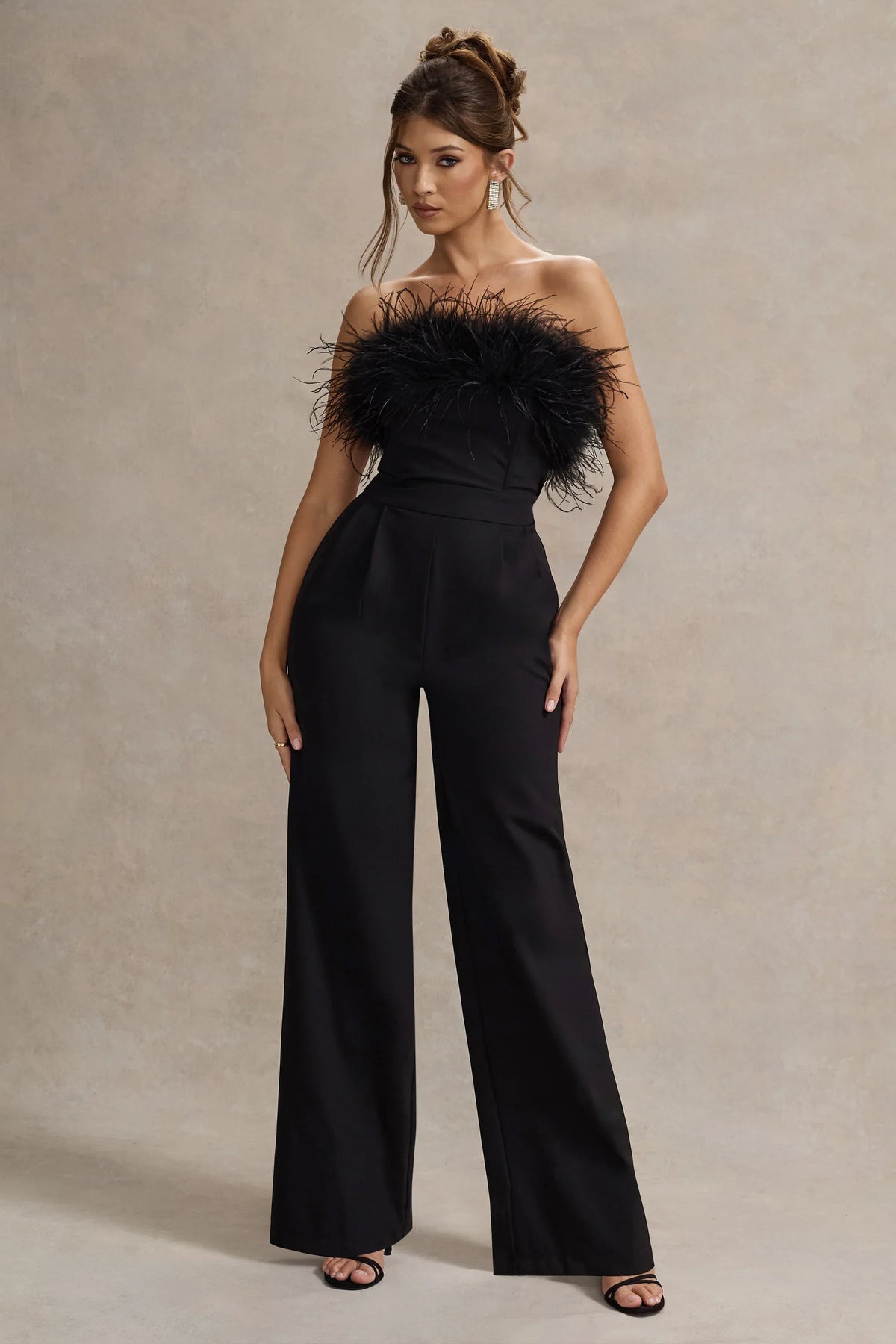 Delta Black Feather Bandeau Wide Leg Jumpsuit