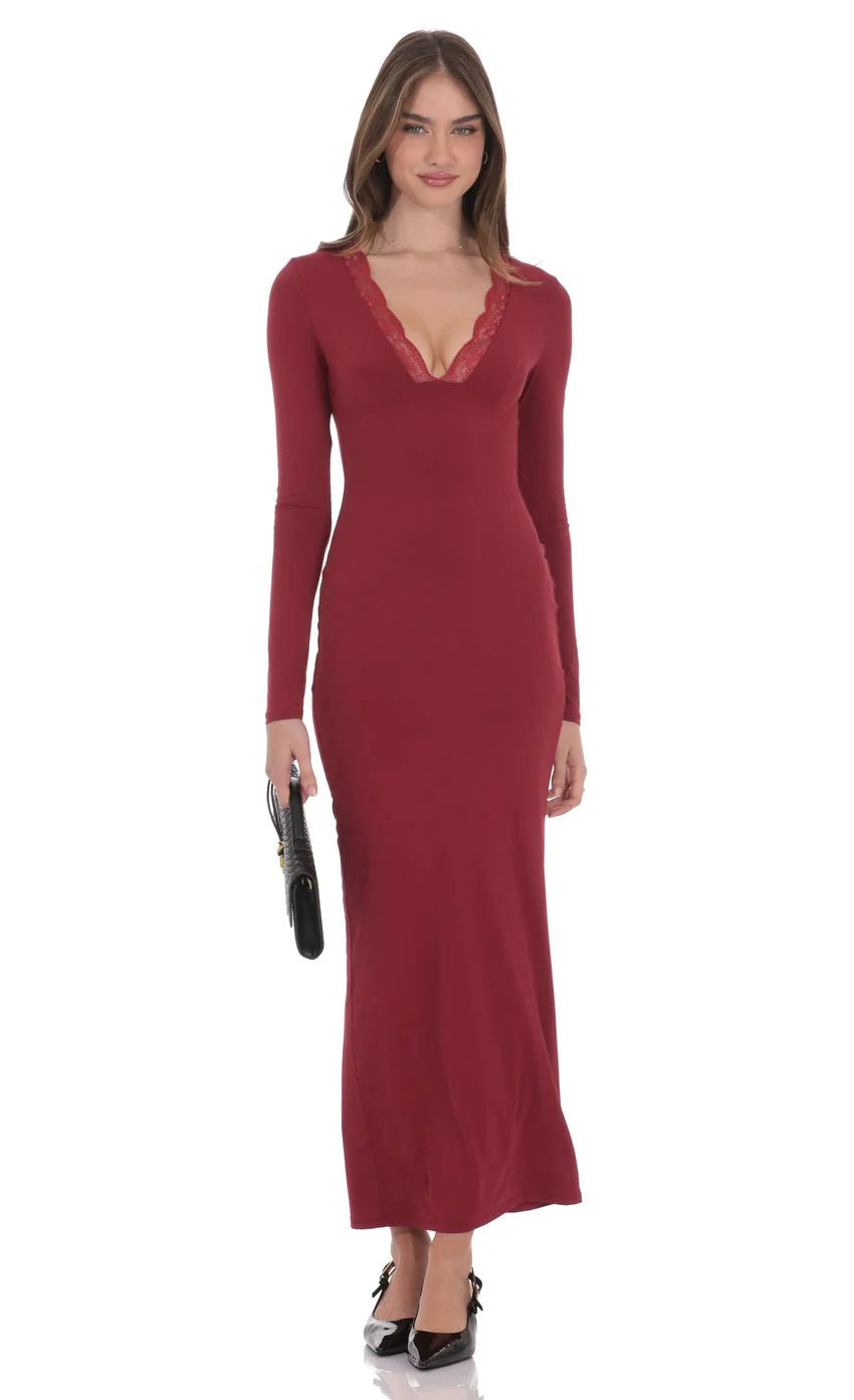 Long Sleeve Lace Trim Maxi Dress in Maroon