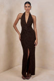 Ocealla Brown Plunge Neck Maxi Dress With Gathered Detailing