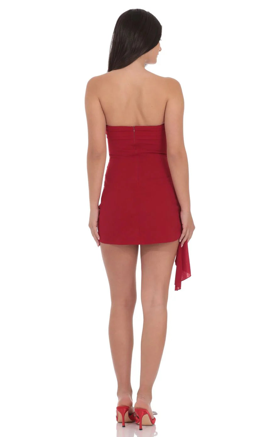 Strapless Ruched Tassel Dress in Red