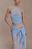 Lucy Lace And Knit Halter Top Cornflower Blue