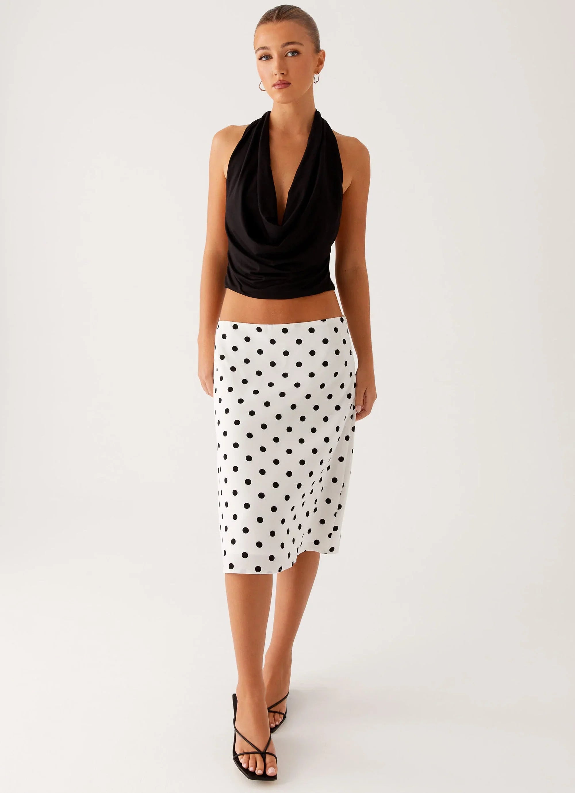 Evoke Chiffon Midi Skirt White Polka Dot