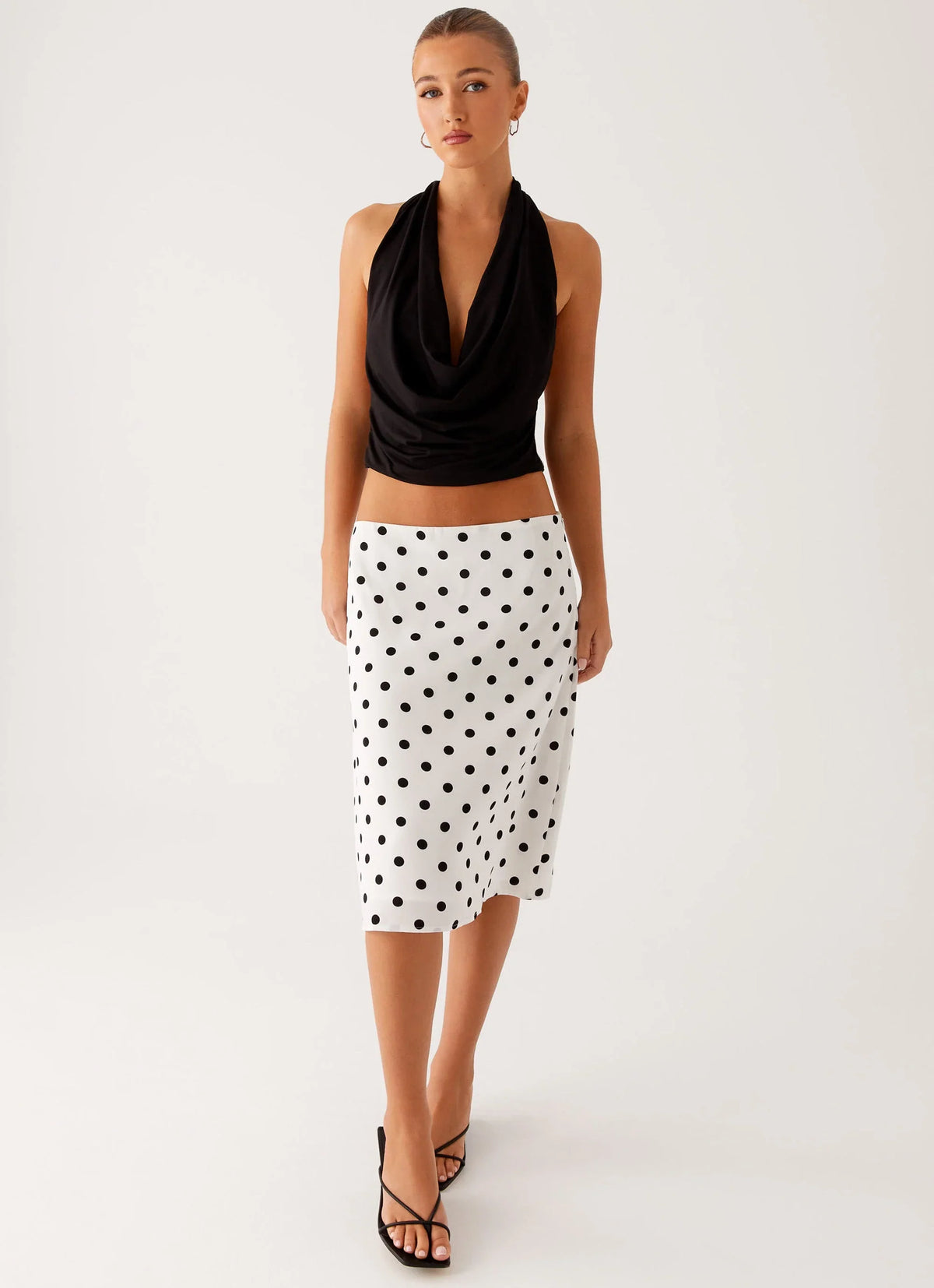 Evoke Chiffon Midi Skirt White Polka Dot