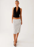 Evoke Chiffon Midi Skirt White Polka Dot