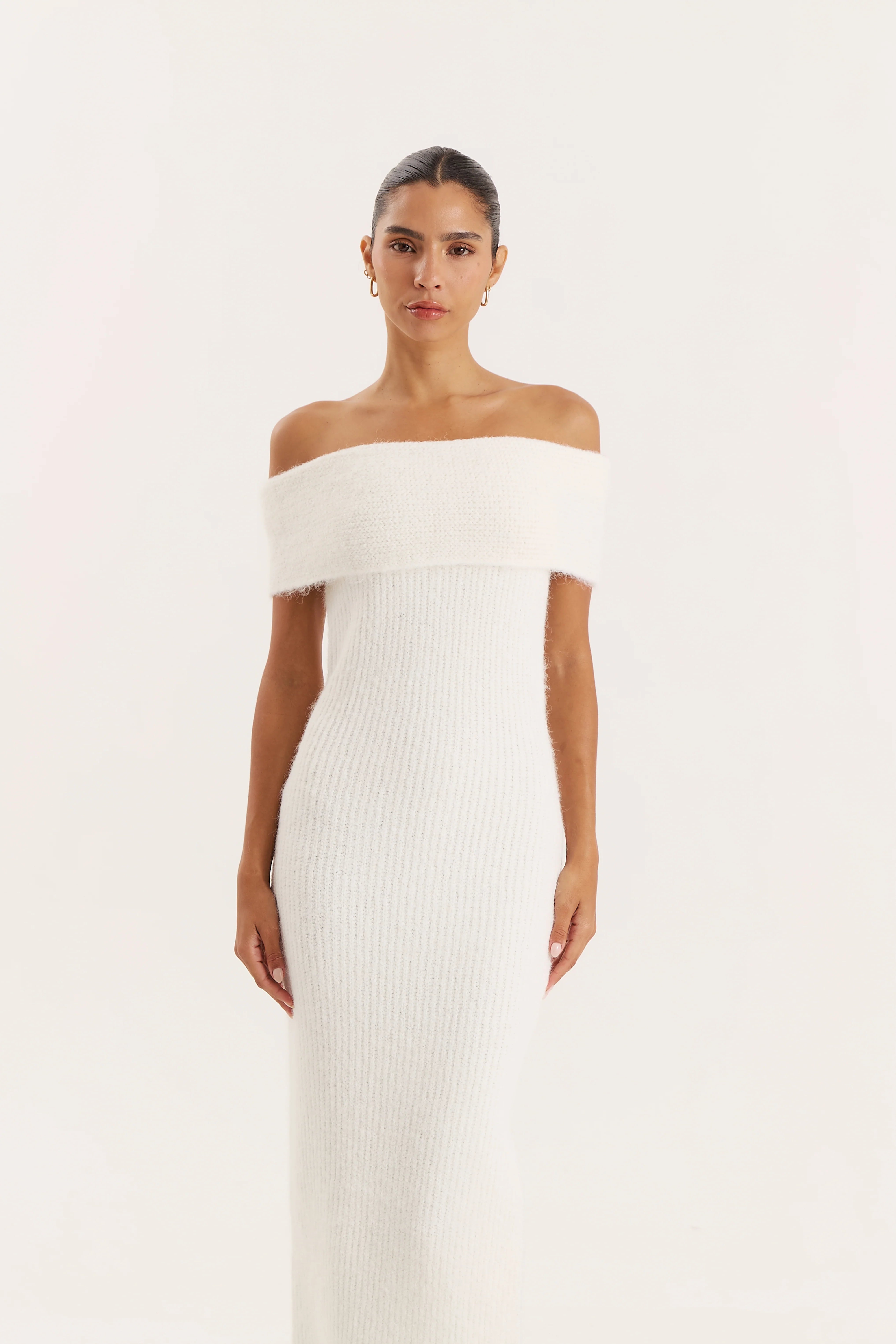 Cream Bardot Knitted Maxi Dress