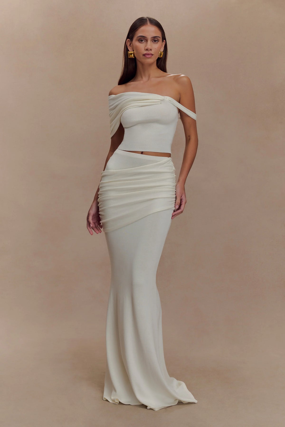 Irene Gathered Knit Maxi Skirt Ivory