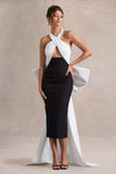 Blanca Black White Halter Neck Cut Out Midi Dress With Oversized Bow