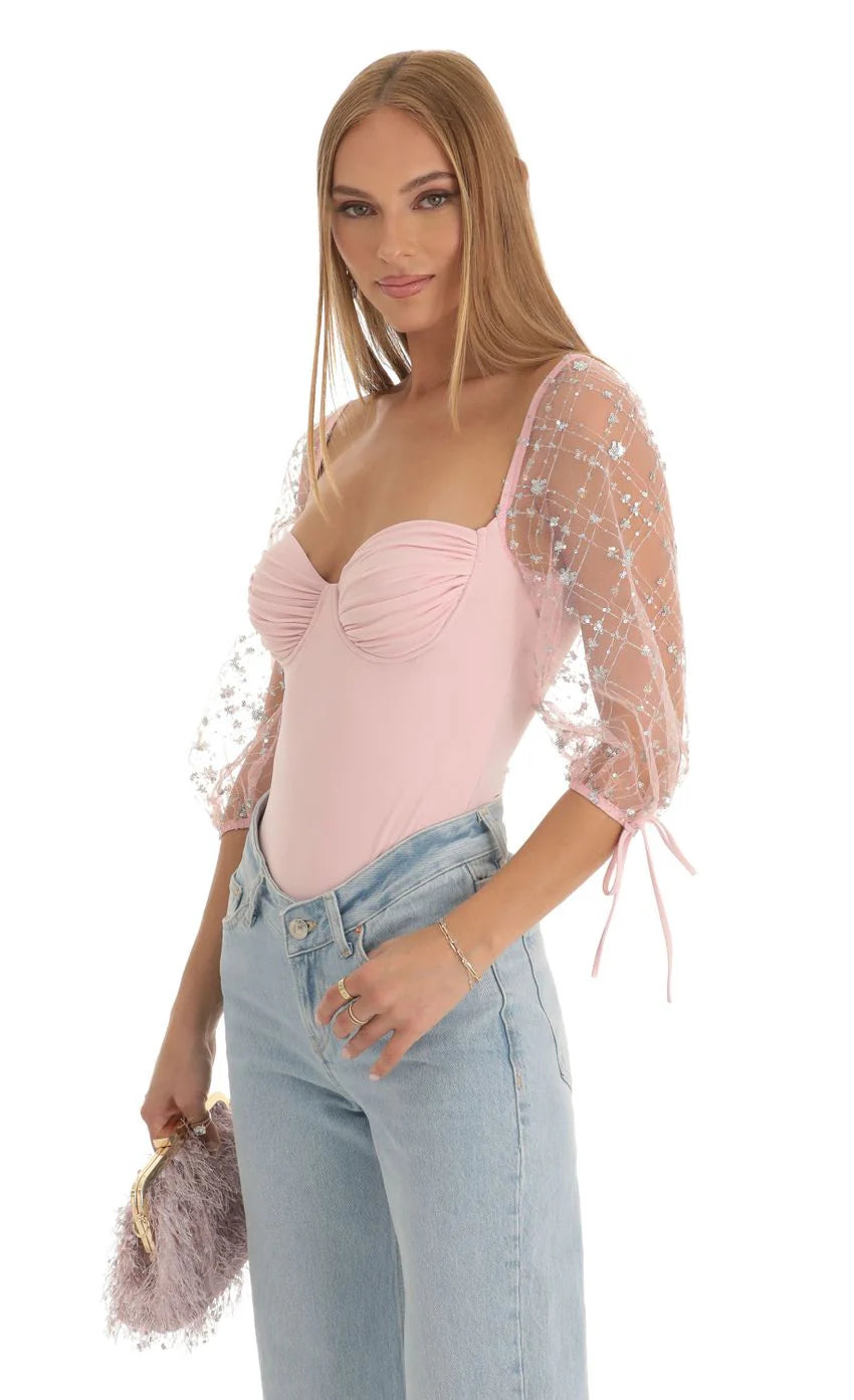 Sequin Puff Sleeve Bodysuit in Pink