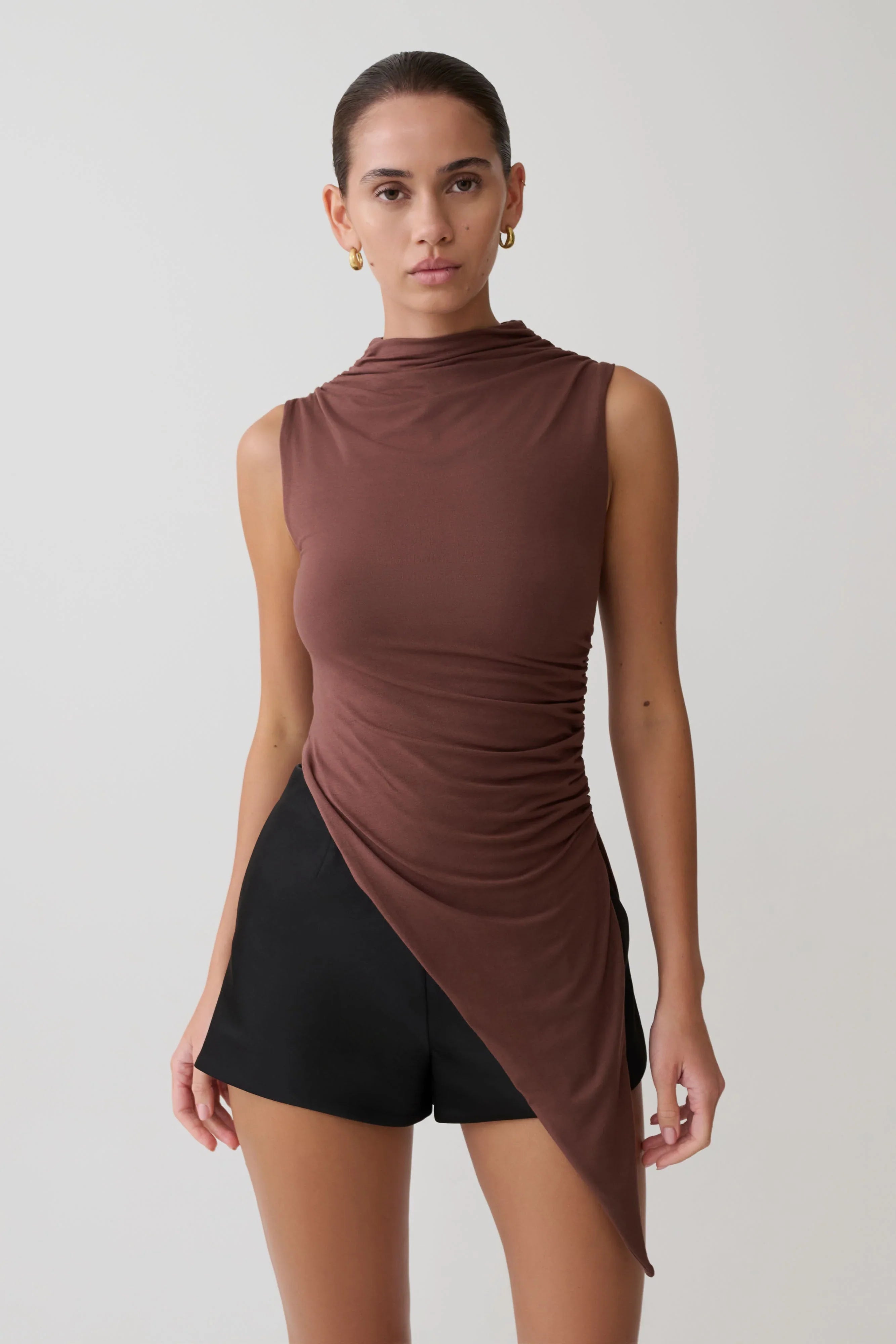 Suong High Neck Gathered Top Mocha