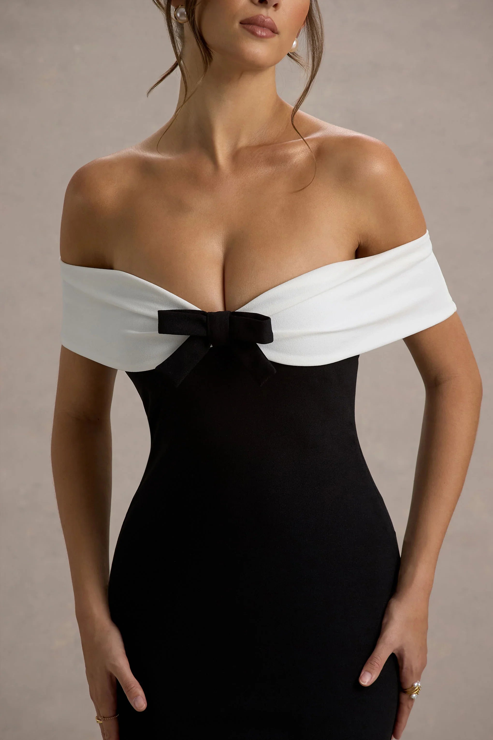 Corola Black White Bardot Volume Hem Midi Dress