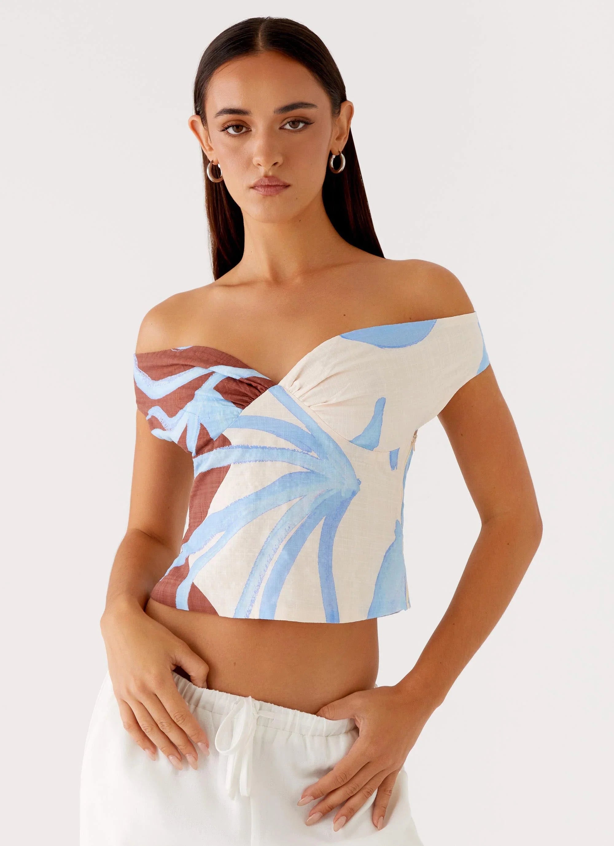 Ozella Off Shoulder Top Bloom Wave Print